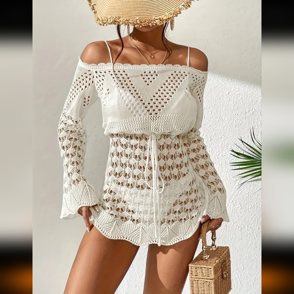 3/$20 White Crochet Swim Cover-Up Mini Dress Boho Festival, LG